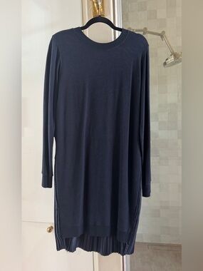 Boutique brand Clu Long Sleeve Knit Sweater Dress with Satin Pleated back, navy